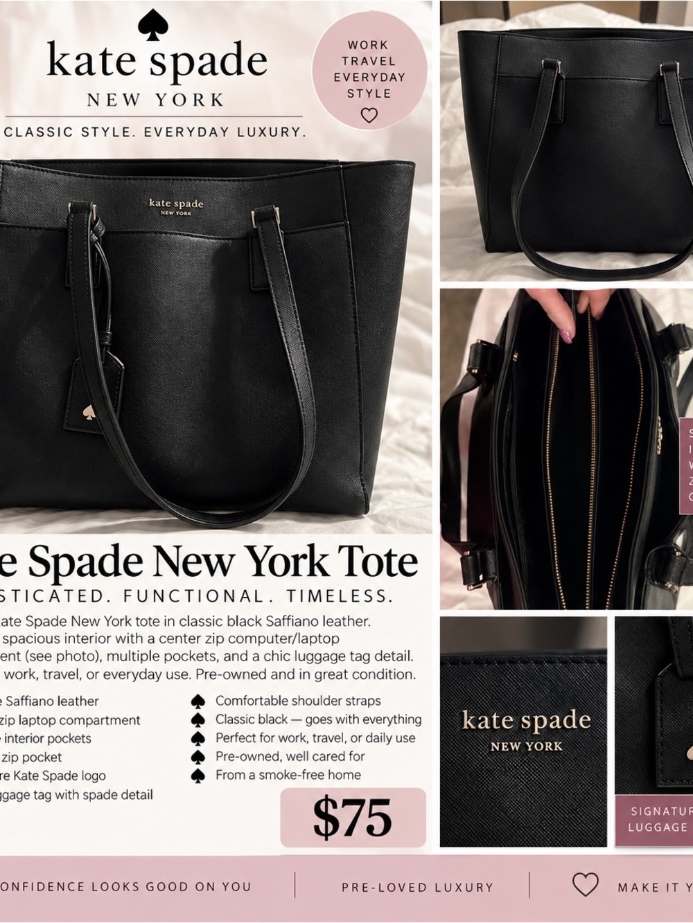 kate spade Black Saffiano Leather Tote with Gold Hardware